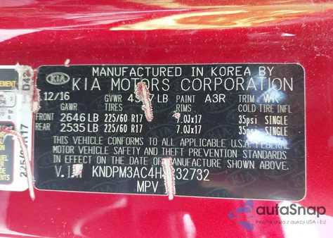 2017 Kia Sportage Lx z USA, uszkodzony, nr VIN KNDPM3AC4H7232732